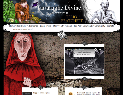 Homepage del sito web dedicato al romanzo Tartarughe Divine in cui si vede un header dinamico, un menu con breadcrumbs, un assaggio del romanzo, un book trailer e un accesso all&amp;amp;amp;#039;area di downolad.